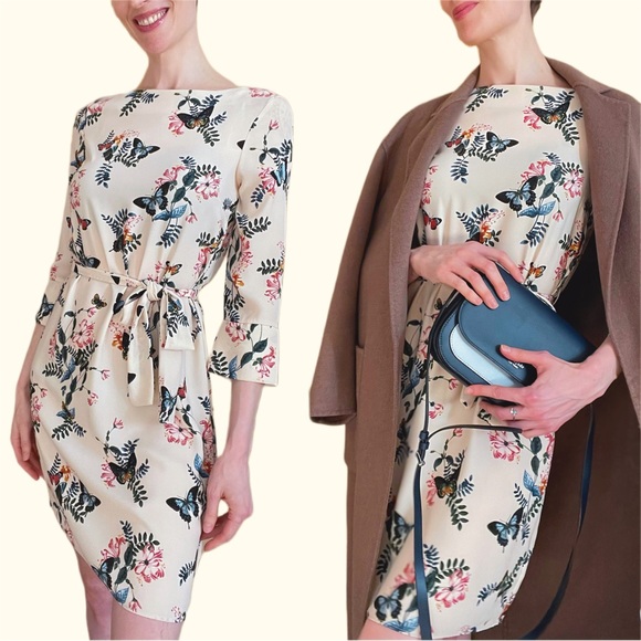 H&M Cream Blue & Pink Butterfly Floral Printed 3/4 Sleeve Belted Boatneck Dress - Picture 4 of 17